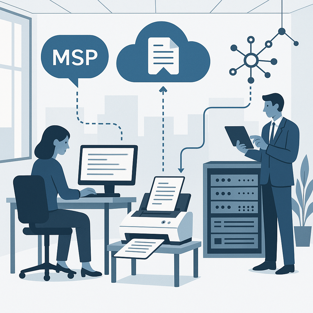 A modern office environment showing document scann