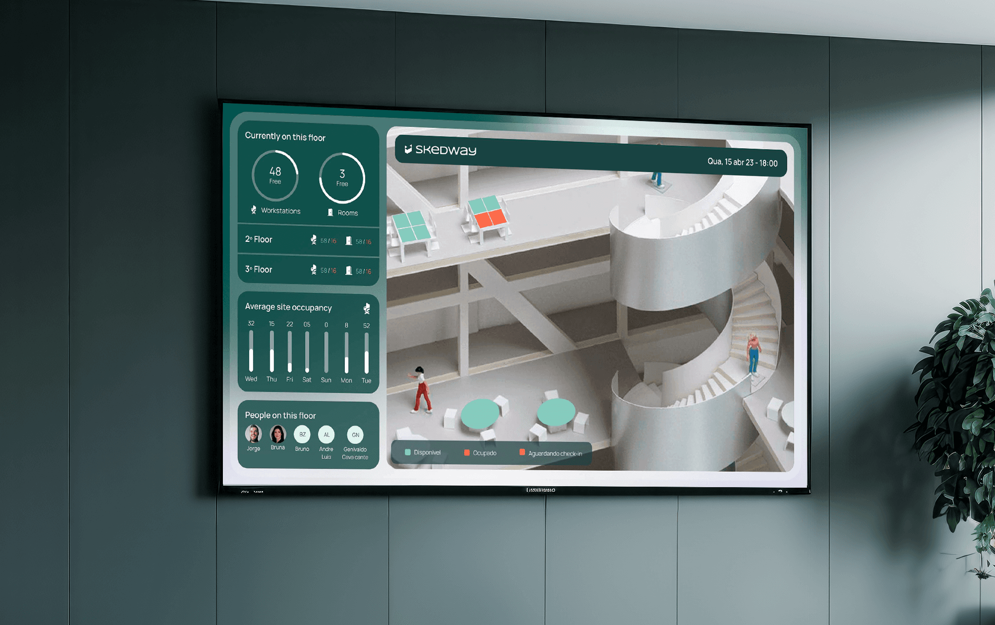 Wall-mounted Skedway Workplace 3D live floor plan with occupancy dashboards