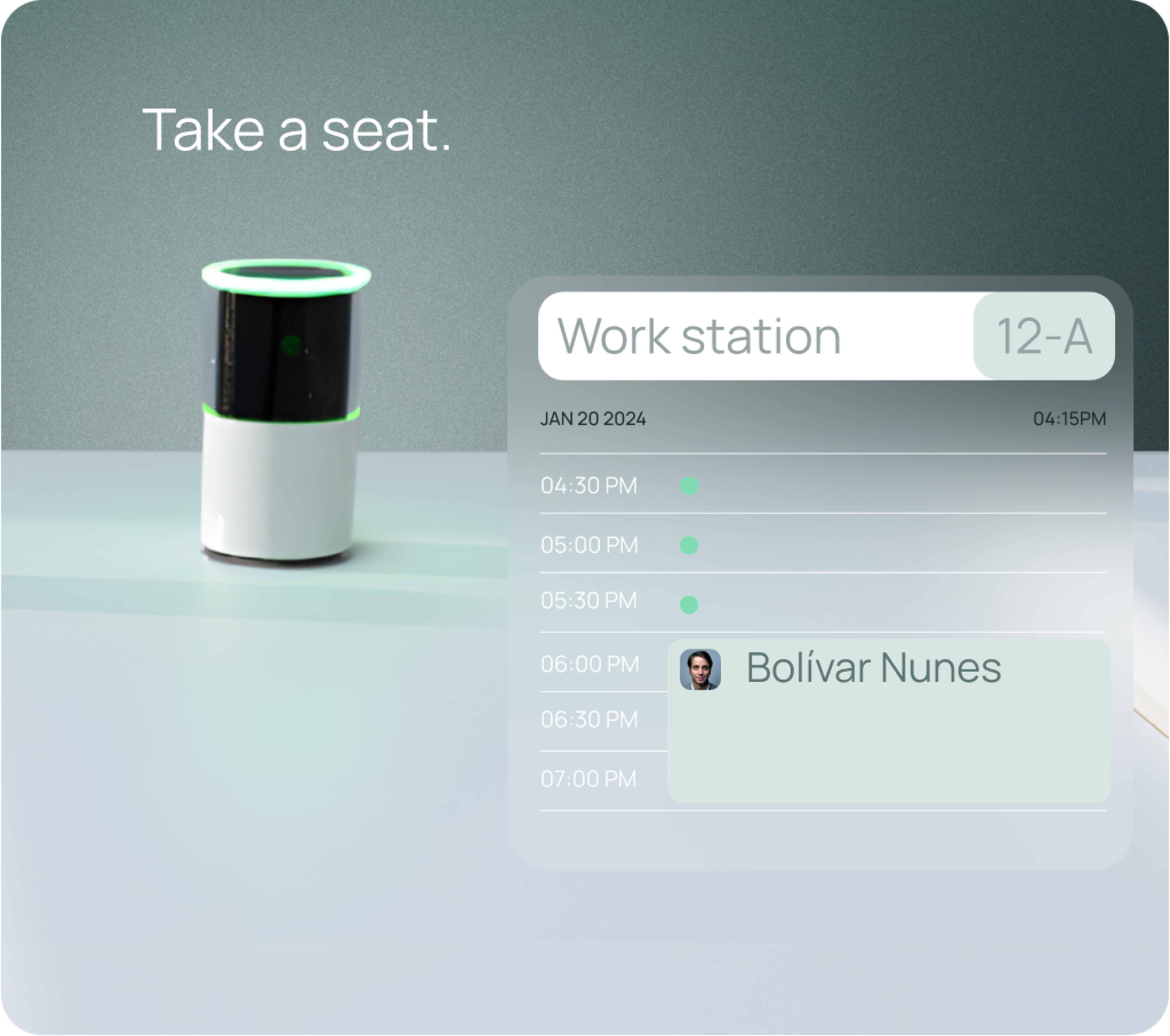 Skedway Avail desk device with glowing status halo and on-desk booking card