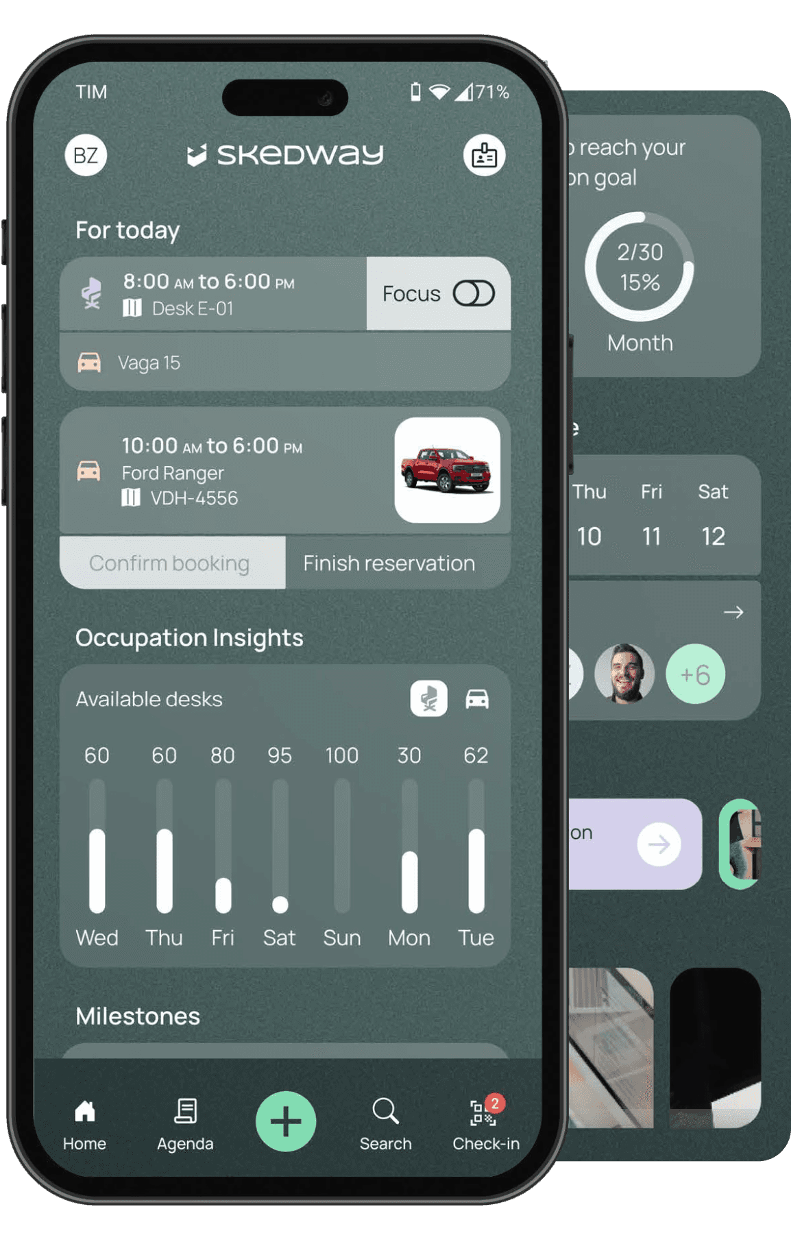 Skedway mobile app showing schedule, Focus toggle, parking reservation and occupancy insights